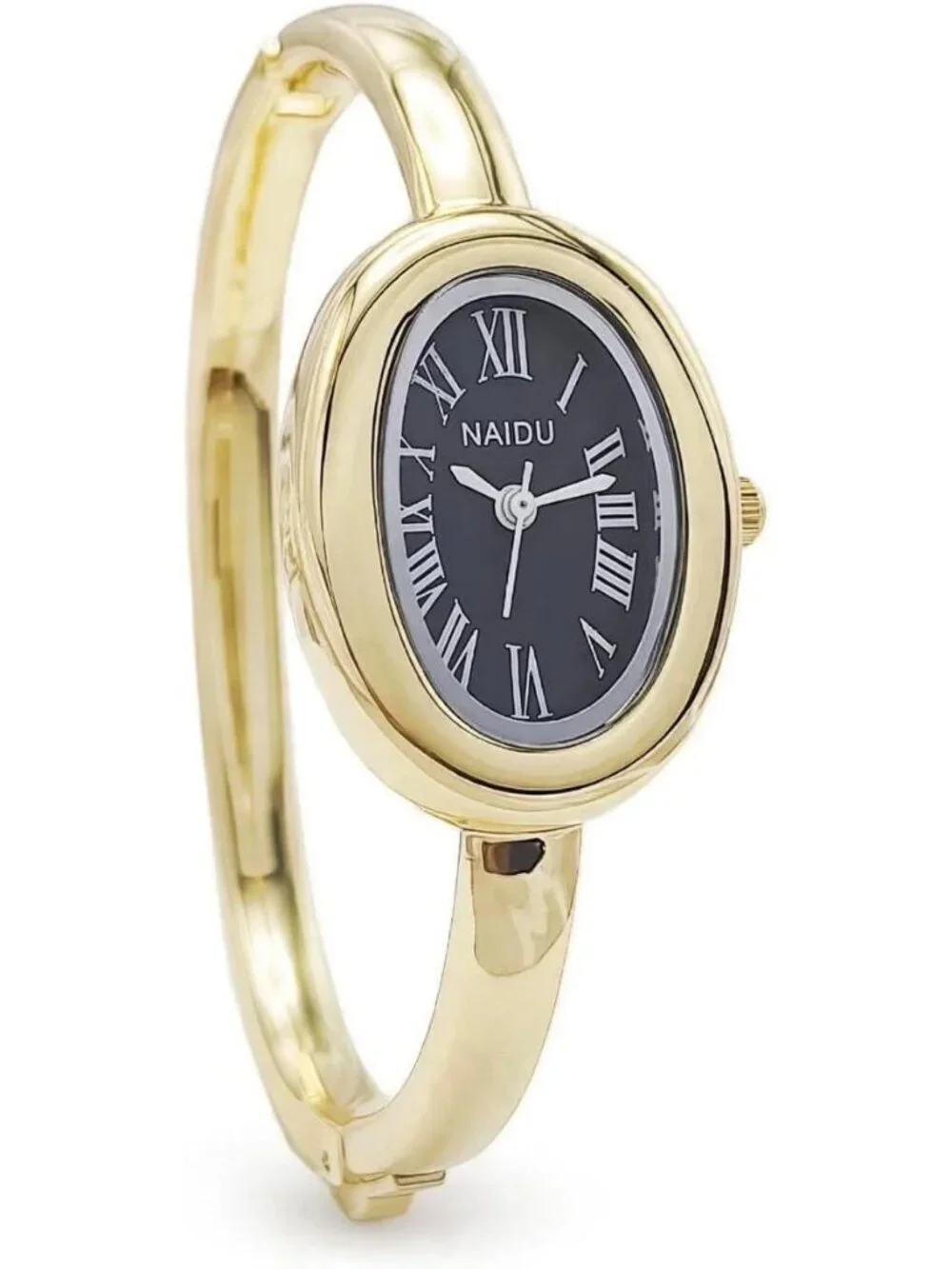 Women's Black Gold Bangle Bracelet Roman Numerals Hinged Cuff Band Wrist Watch